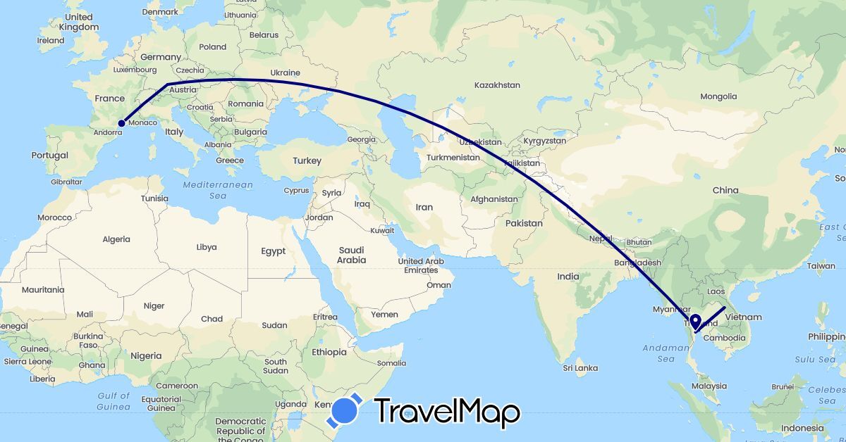 TravelMap itinerary: driving in Germany, France, Thailand (Asia, Europe)